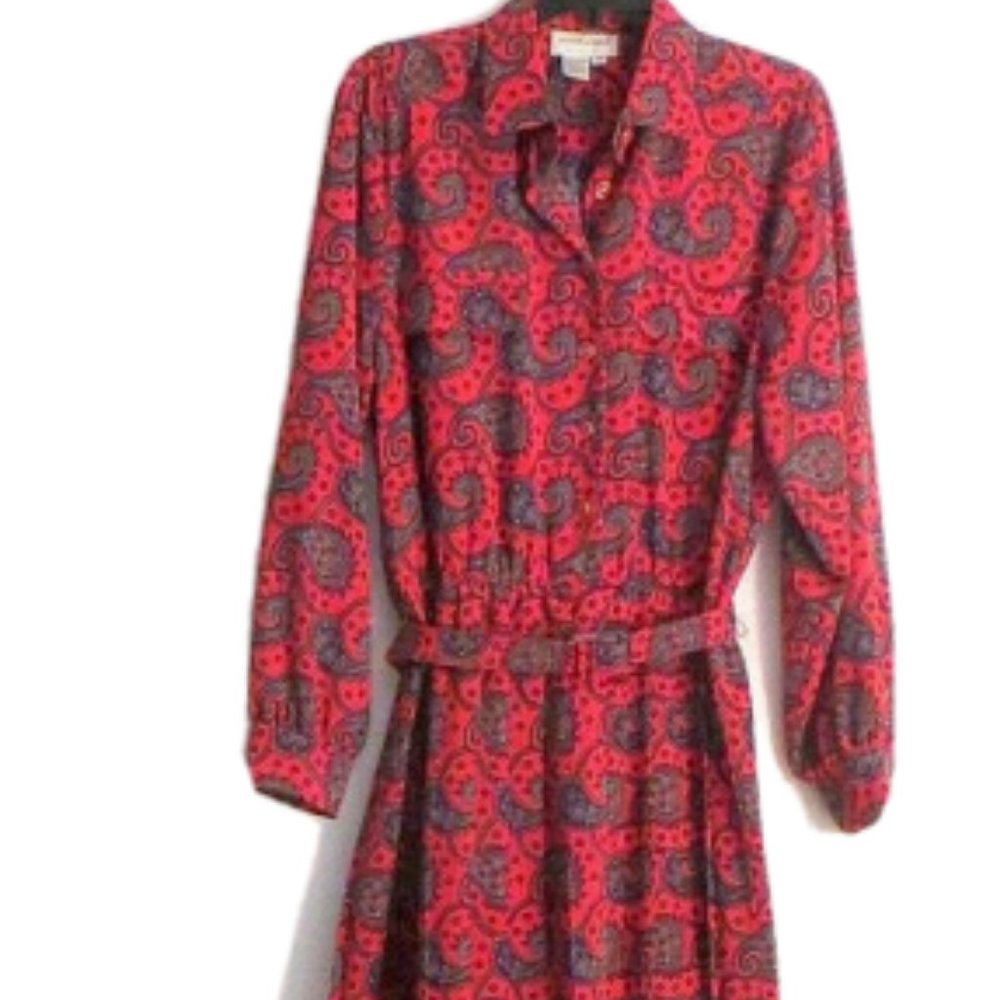 SALE Vintage SCHRADER Red Paisley Maxi Shirt Dress